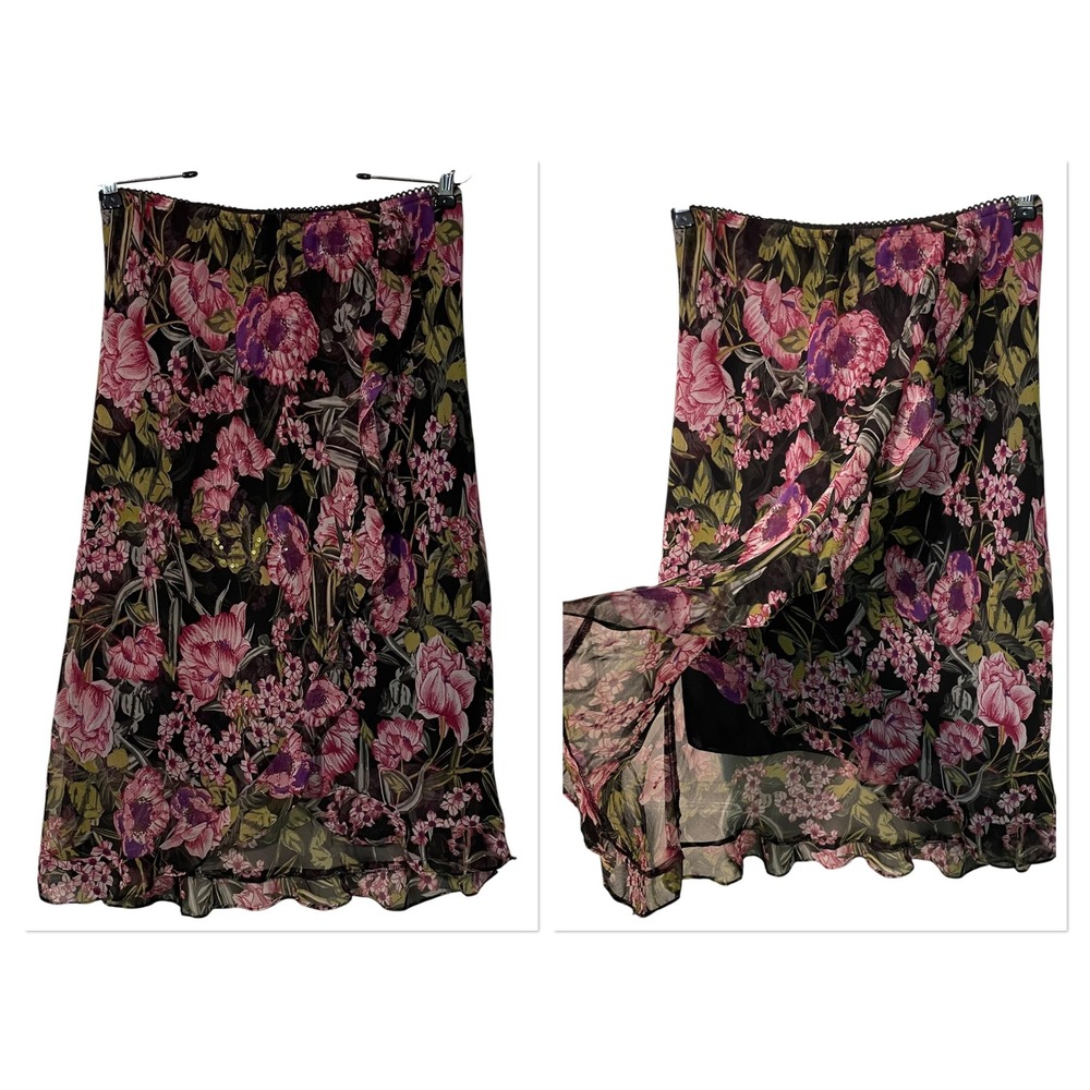 Lola P Y2K Black Pink Floral Sequin Chiffon Layered Skirt Whimsigoth Fairy M